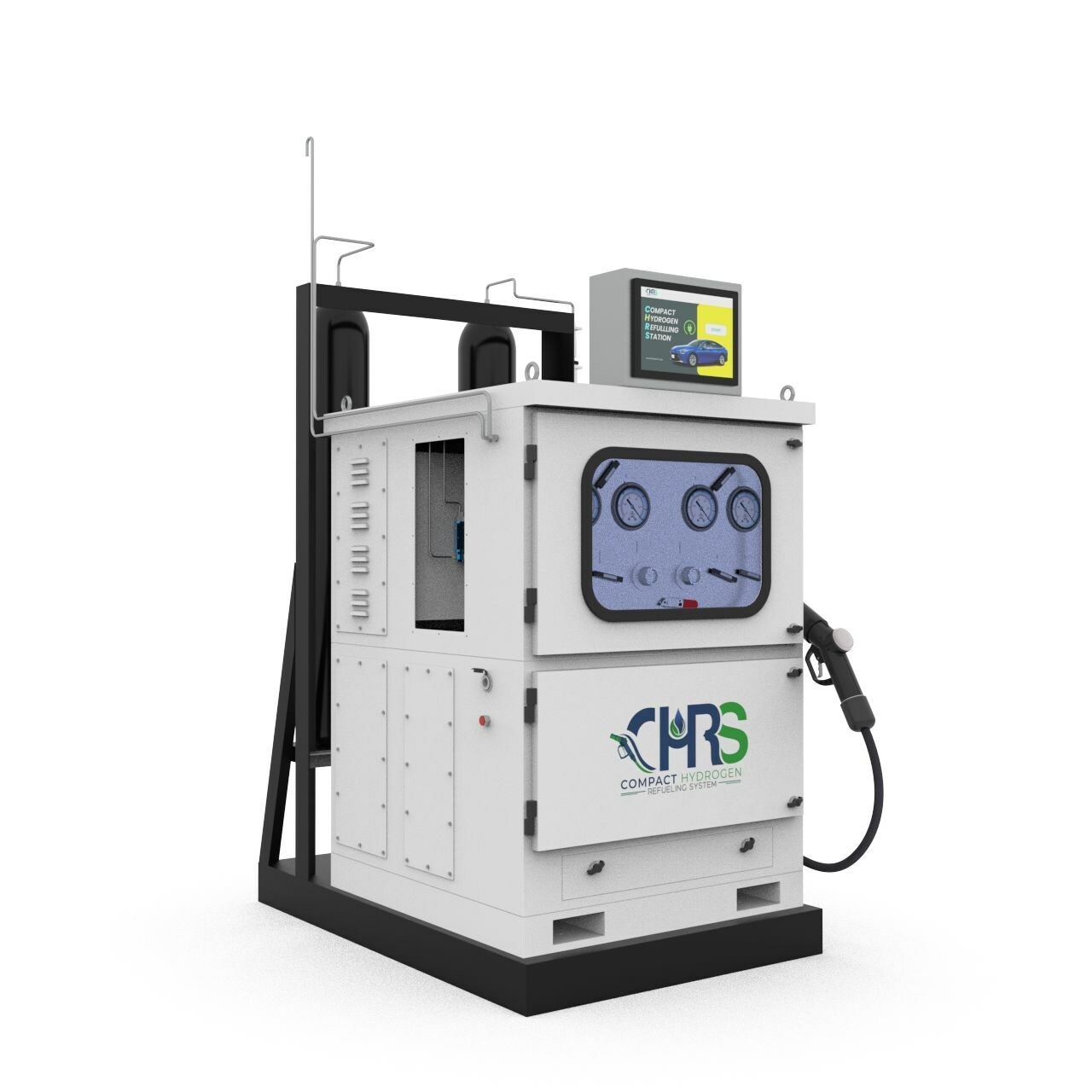 CHRS - compact hydrogen refueling station. CHRS produces and dispenses clean hydrogen made from water for fuel cell electric vehicles (FCEVs), hydrogen internal combustion engine vehicles (HICEVs), and more. Effortless, zero-emission driving ahead.