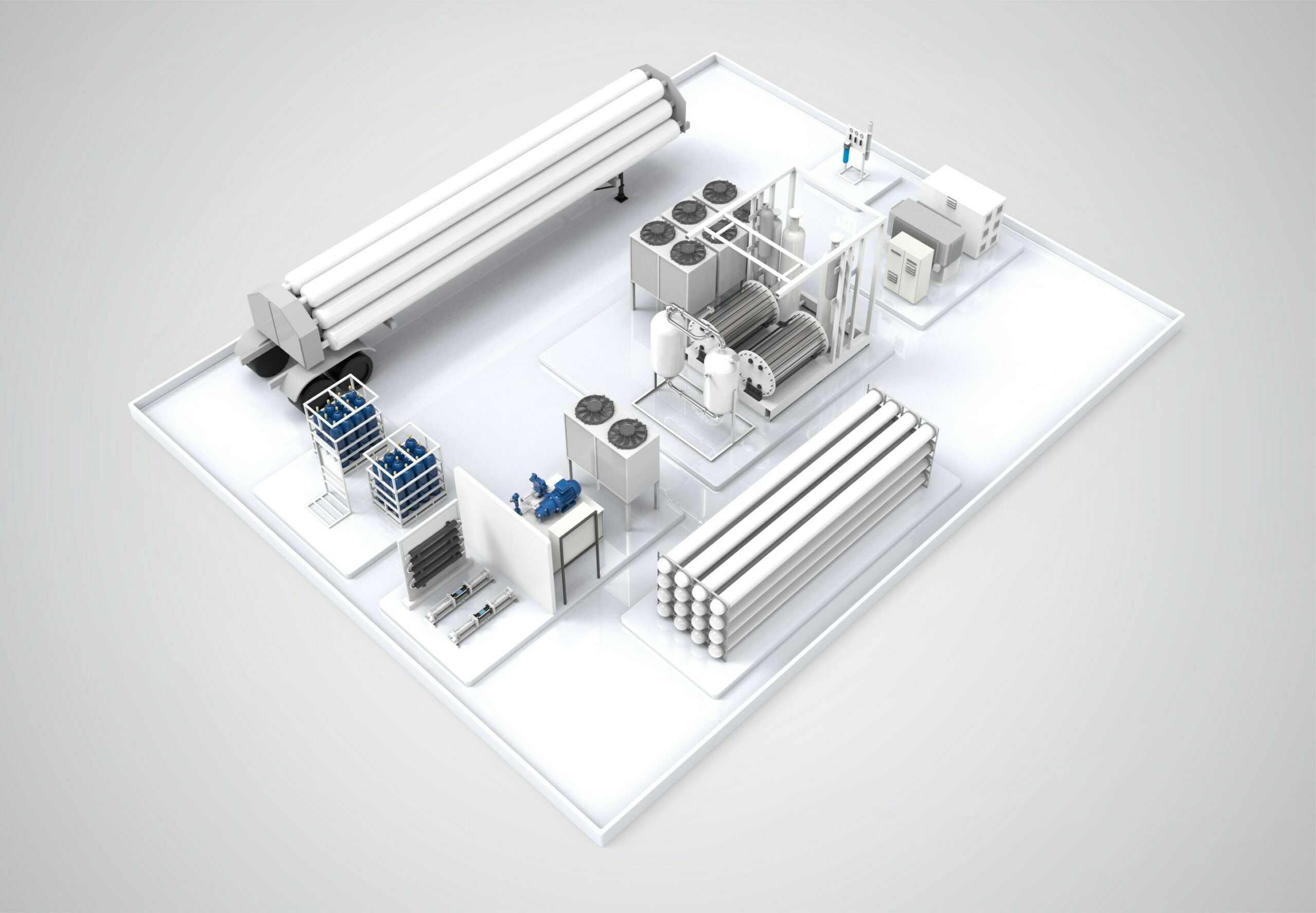 Introducing HNO International's Scalable Hydrogen Energy Platform (SHEP). A 3D render of SHEP's major components.
