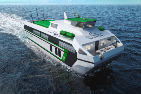 3D render of the high-speed passenger vessel, designed by Umoe Mandal and powered by TECO 2030.
