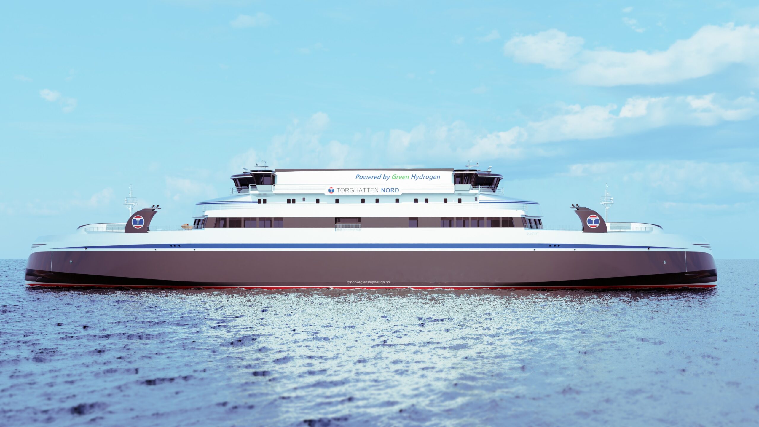 Fot. Graphical rendering of the newbuilding RoPax (courtesy Norwegian Ship Design). The new ferries will be about 120 m long with capacity for 120 cars and 599 passengers. They will serve a close to 100 km open ocean crossing above the Arctic Circle that is considered Norway’s most challenging ferry crossing